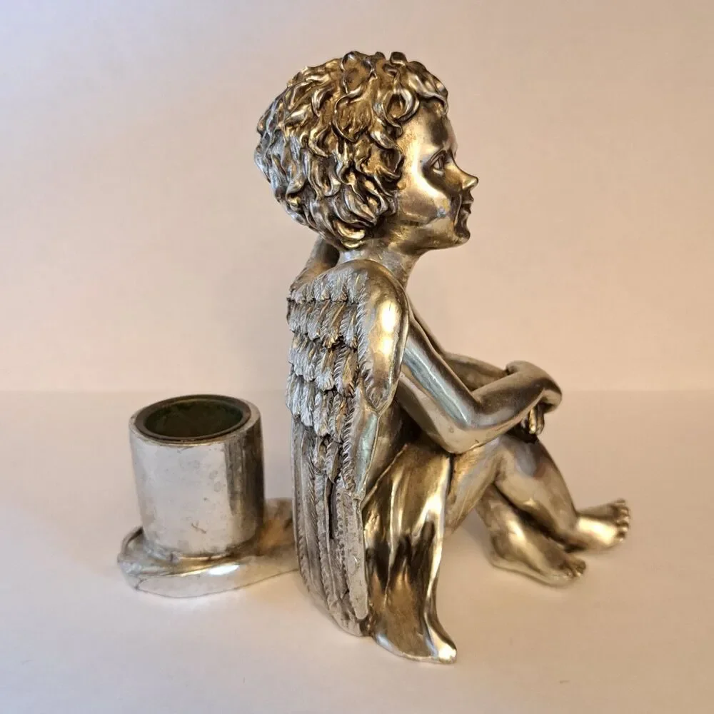 Vintage Noble Art Angel Silver Tone Tall Candle Holder 5 Inch